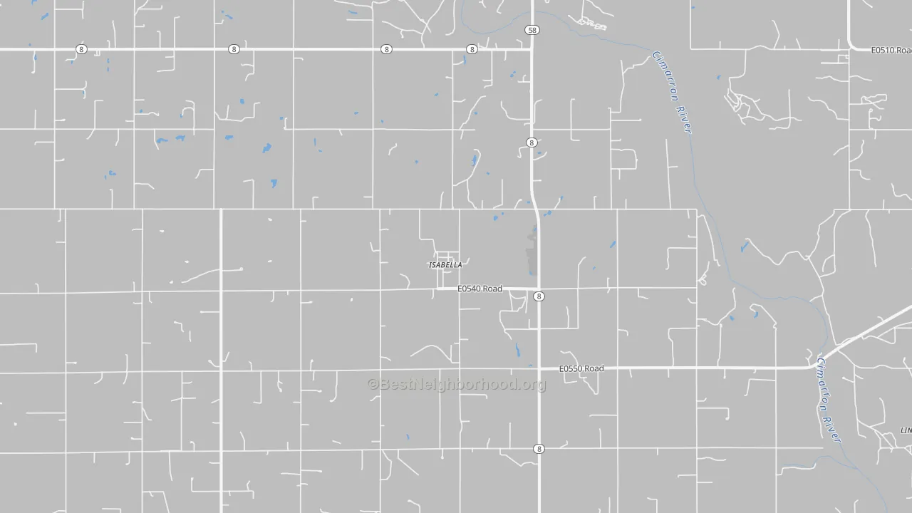 Walk Grade map of Isabella, OK, walkable areas in green and car-dependent areas in red