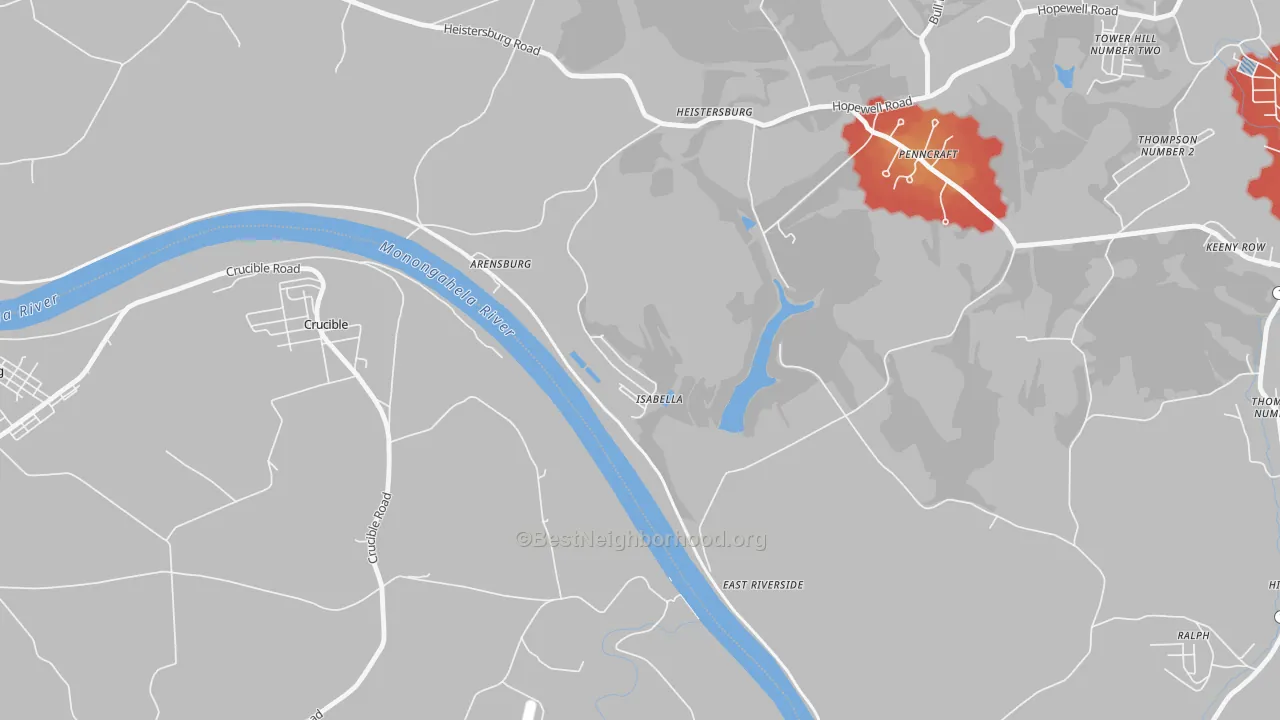 Walk Grade map of Isabella, PA, walkable areas in green and car-dependent areas in red