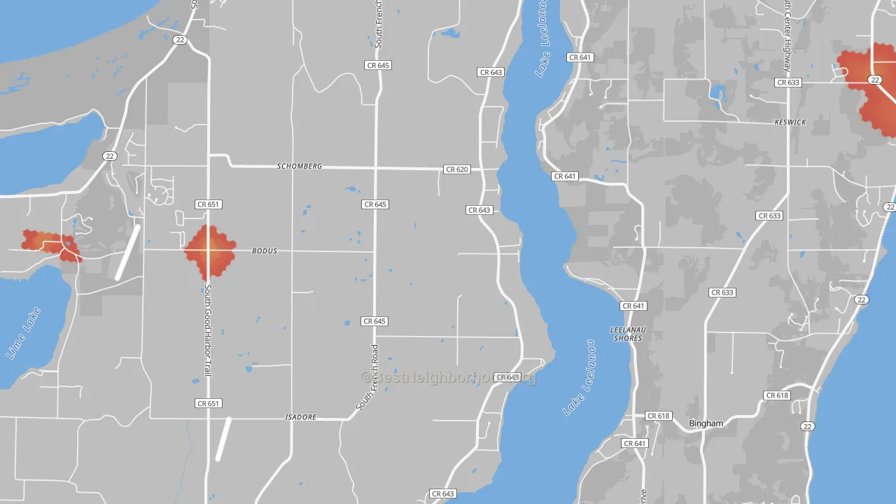 Walk Grade map of Isadore, MI, walkable areas in green and car-dependent areas in red
