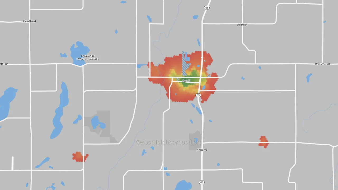 Walk Grade map of Isanti, MN, walkable areas in green and car-dependent areas in red