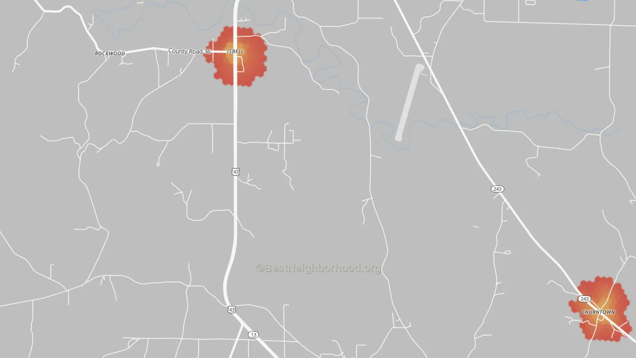 Walk Grade map of Isbell, AL, walkable areas in green and car-dependent areas in red