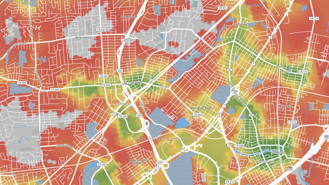 Walk Grade map of Iselin, NJ, walkable areas in green and car-dependent areas in red