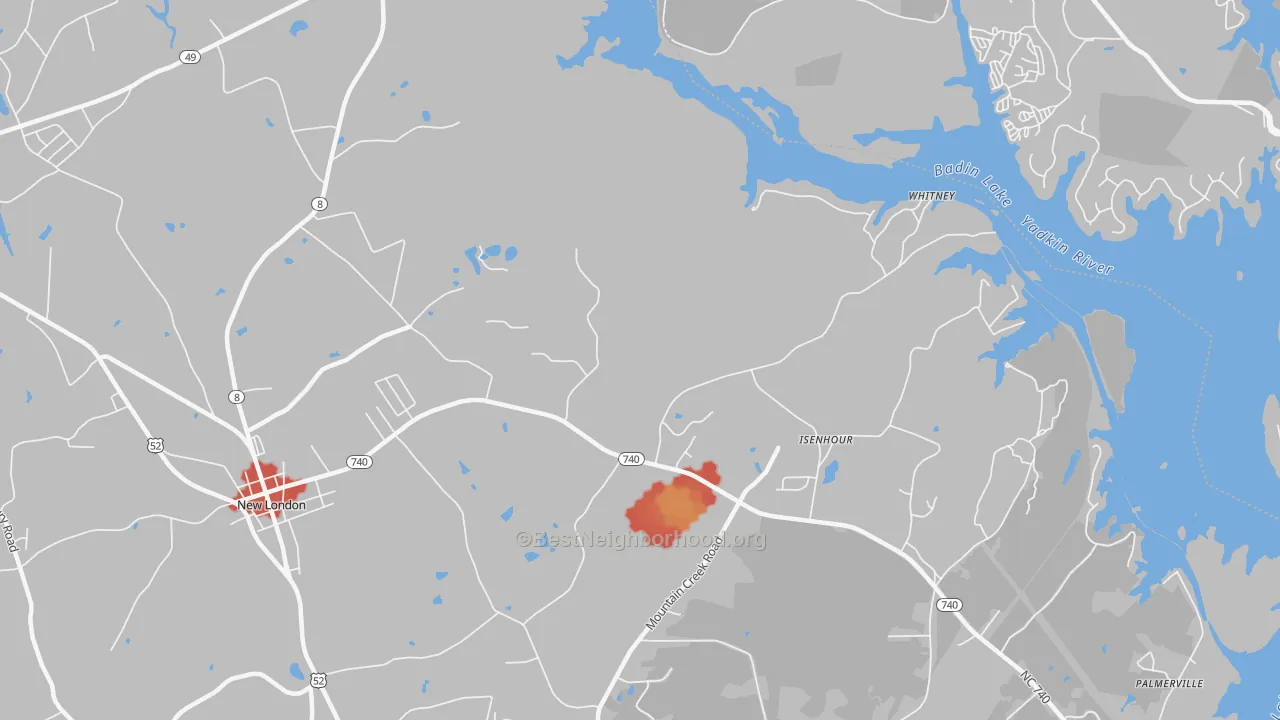 Walk Grade map of Isenhour, NC, walkable areas in green and car-dependent areas in red