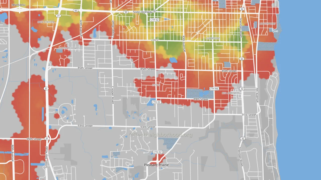 Walk Grade map of Isetts, Kenosha, WI, walkable areas in green and car-dependent areas in red