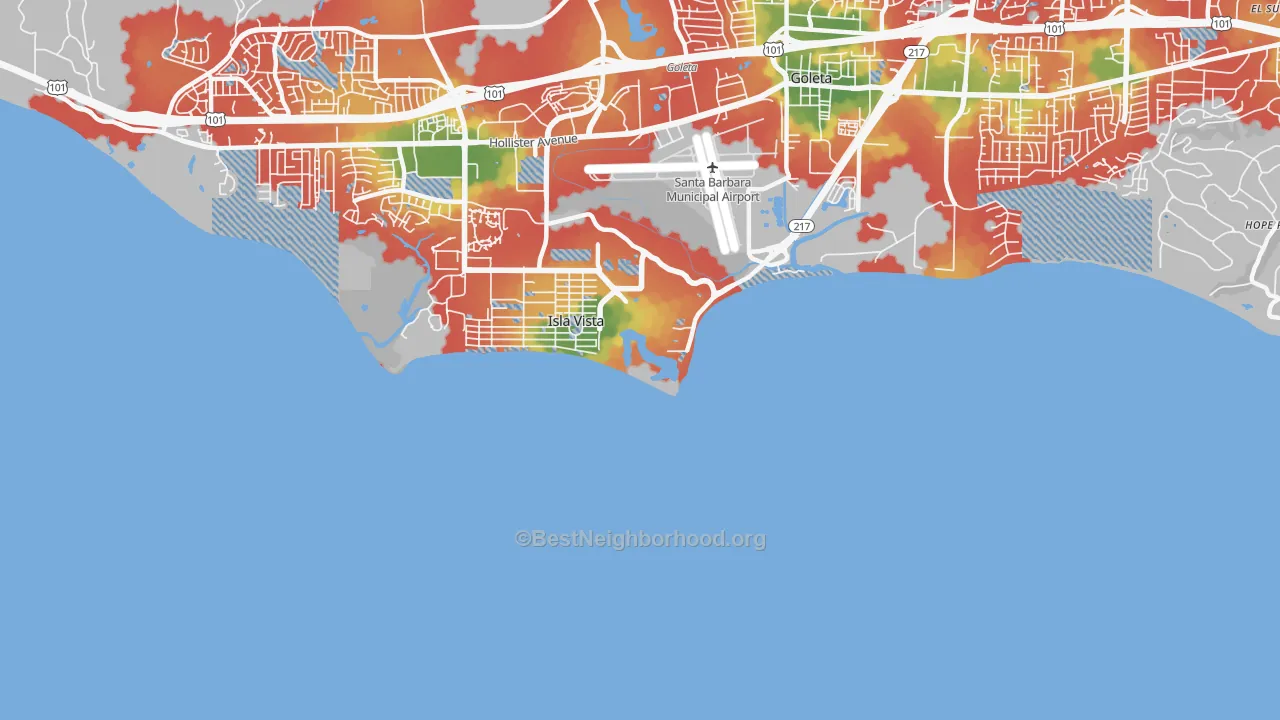 Walk Grade map of Isla Vista, CA, walkable areas in green and car-dependent areas in red