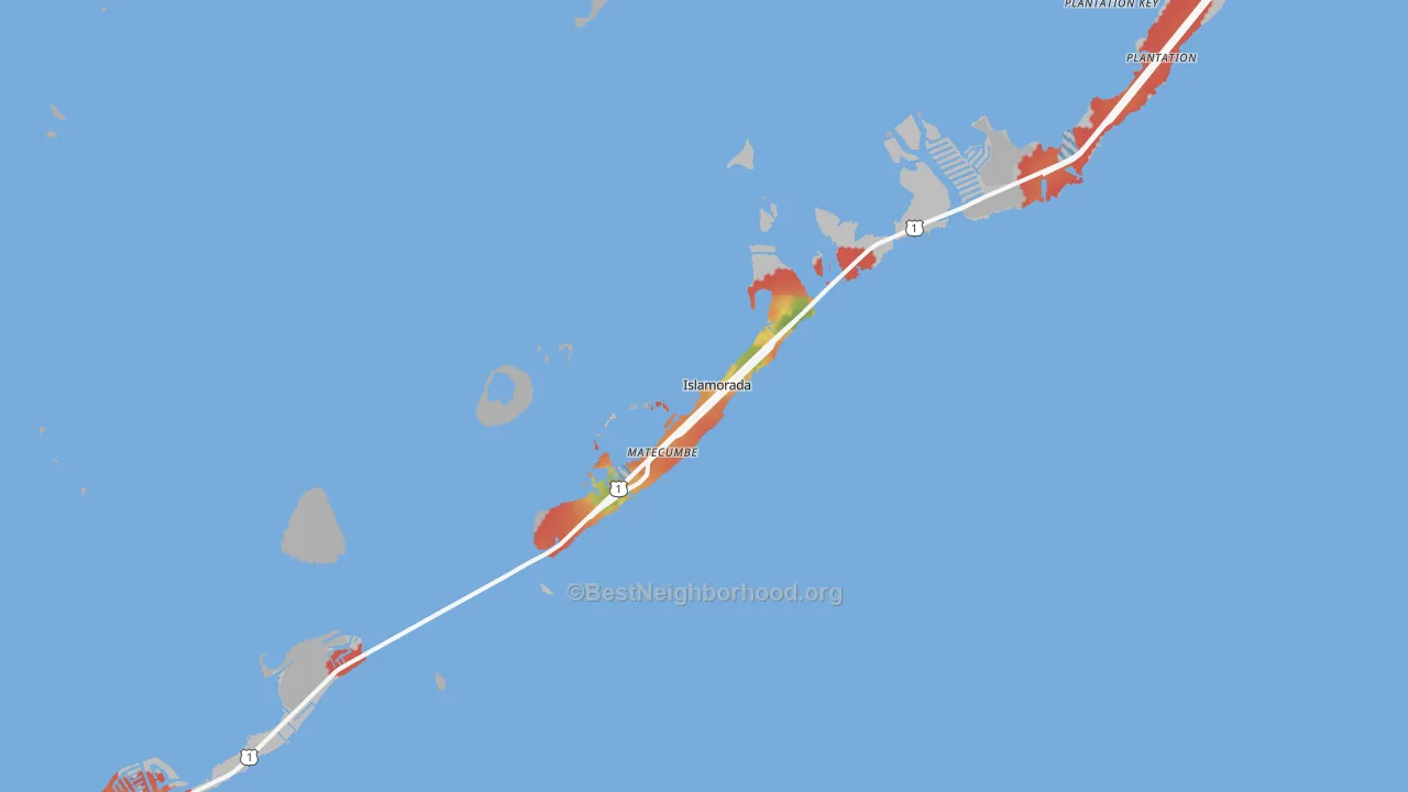 Walk Grade map of Islamorada, FL, walkable areas in green and car-dependent areas in red