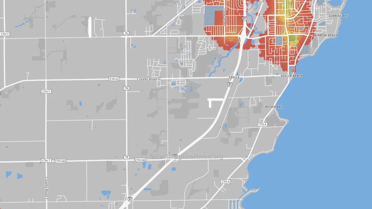 Walk Grade map of Island Beach, WI, walkable areas in green and car-dependent areas in red