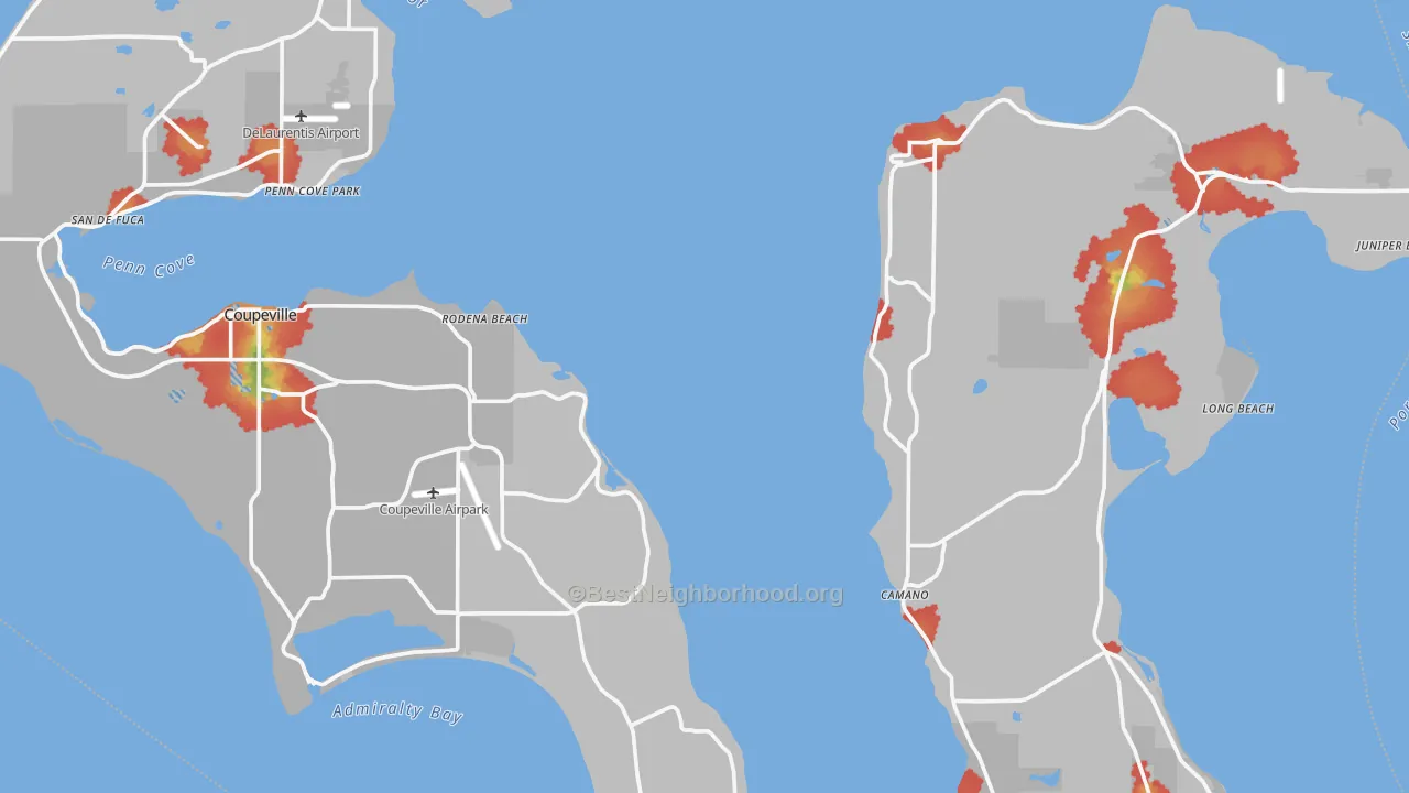 Walk Grade map of Island County, WA, walkable areas in green and car-dependent areas in red