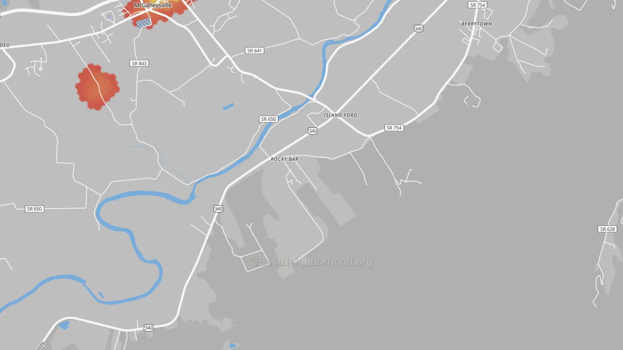 Walk Grade map of Island Ford, VA, walkable areas in green and car-dependent areas in red