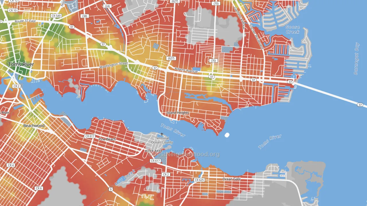 Walk Grade map of Island Heights, NJ, walkable areas in green and car-dependent areas in red