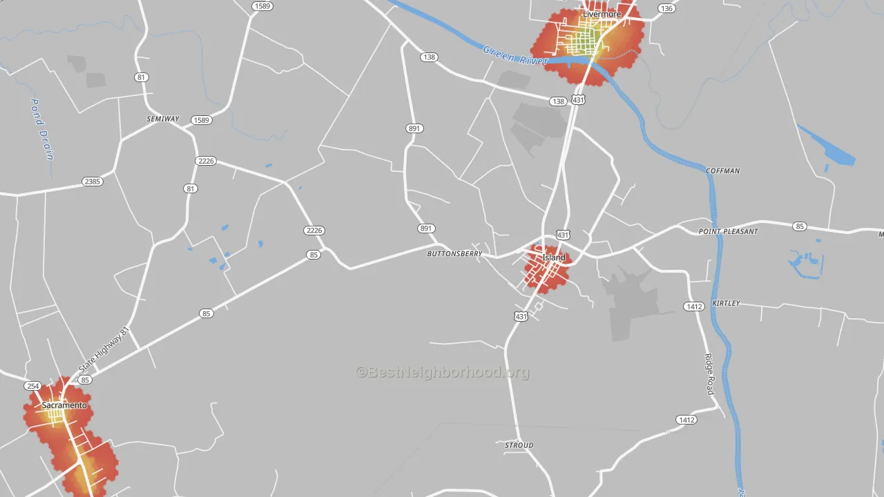 Walk Grade map of Island, KY, walkable areas in green and car-dependent areas in red