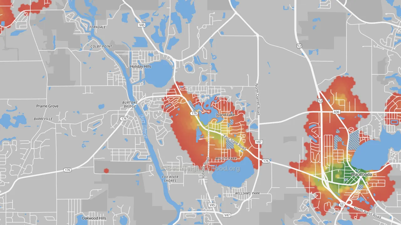 Walk Grade map of Island Lake, IL, walkable areas in green and car-dependent areas in red