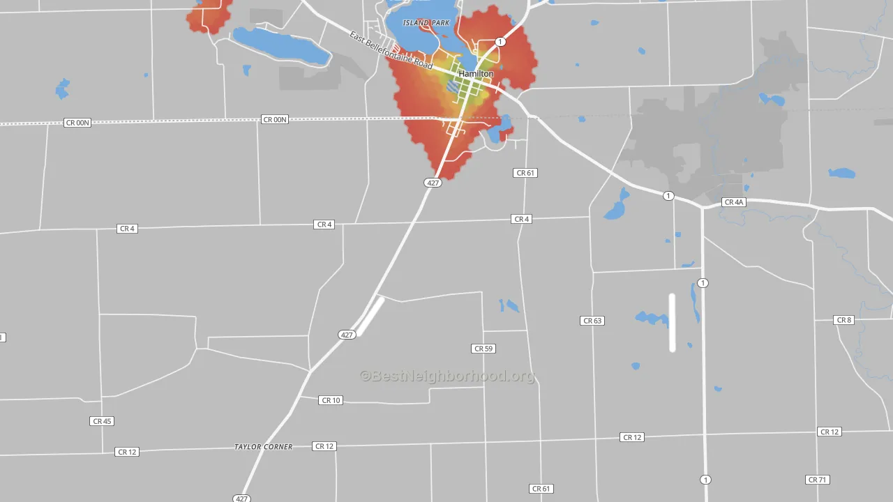 Walk Grade map of Island Park, IN, walkable areas in green and car-dependent areas in red