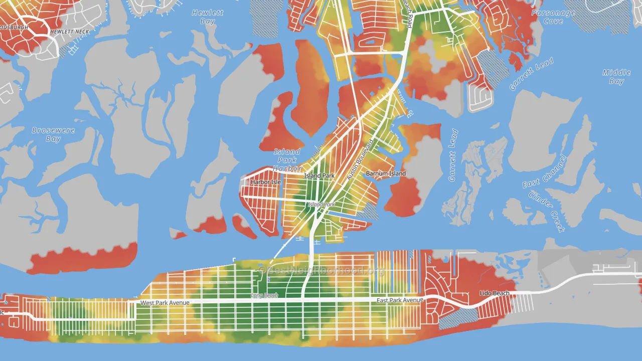 Walk Grade map of Island Park, NY, walkable areas in green and car-dependent areas in red