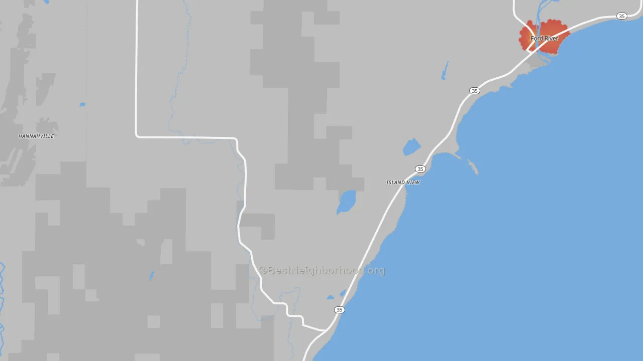 Walk Grade map of Island View, MI, walkable areas in green and car-dependent areas in red