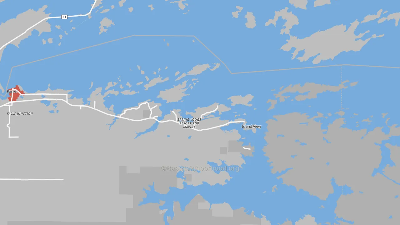 Walk Grade map of Island View, MN, walkable areas in green and car-dependent areas in red