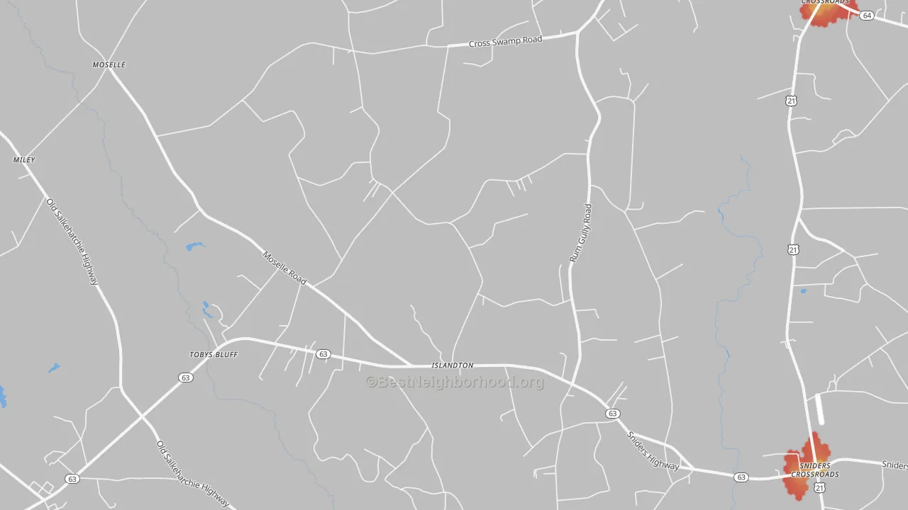 Walk Grade map of Islandton, SC, walkable areas in green and car-dependent areas in red