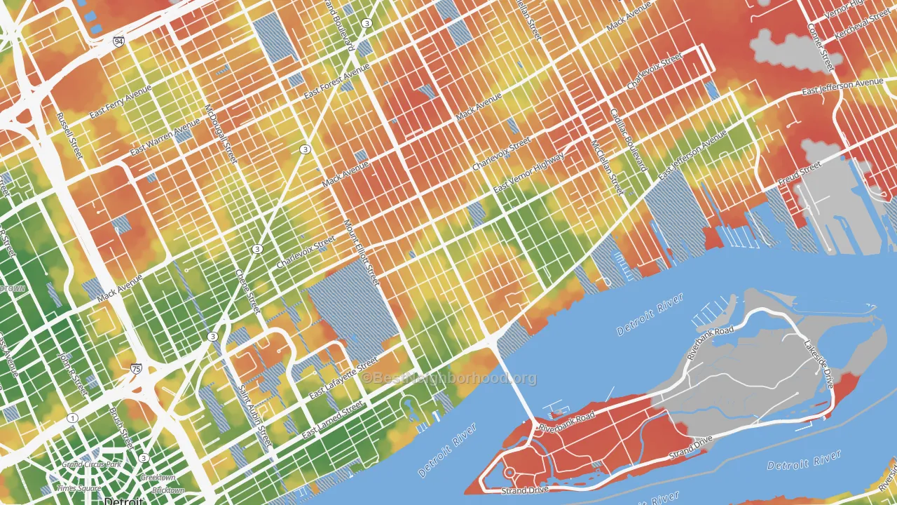 Walk Grade map of Islandview, Detroit, MI, walkable areas in green and car-dependent areas in red