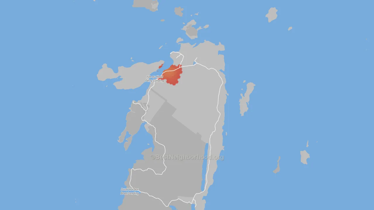 Walk Grade map of Isle Au Haut, ME, walkable areas in green and car-dependent areas in red