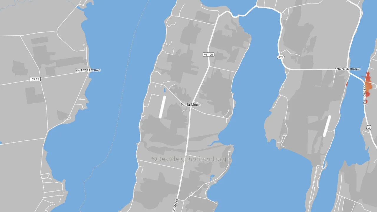 Walk Grade map of Isle La Motte, VT, walkable areas in green and car-dependent areas in red