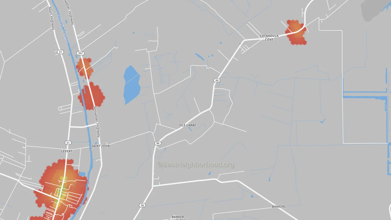 Walk Grade map of Isle Labbe, LA, walkable areas in green and car-dependent areas in red
