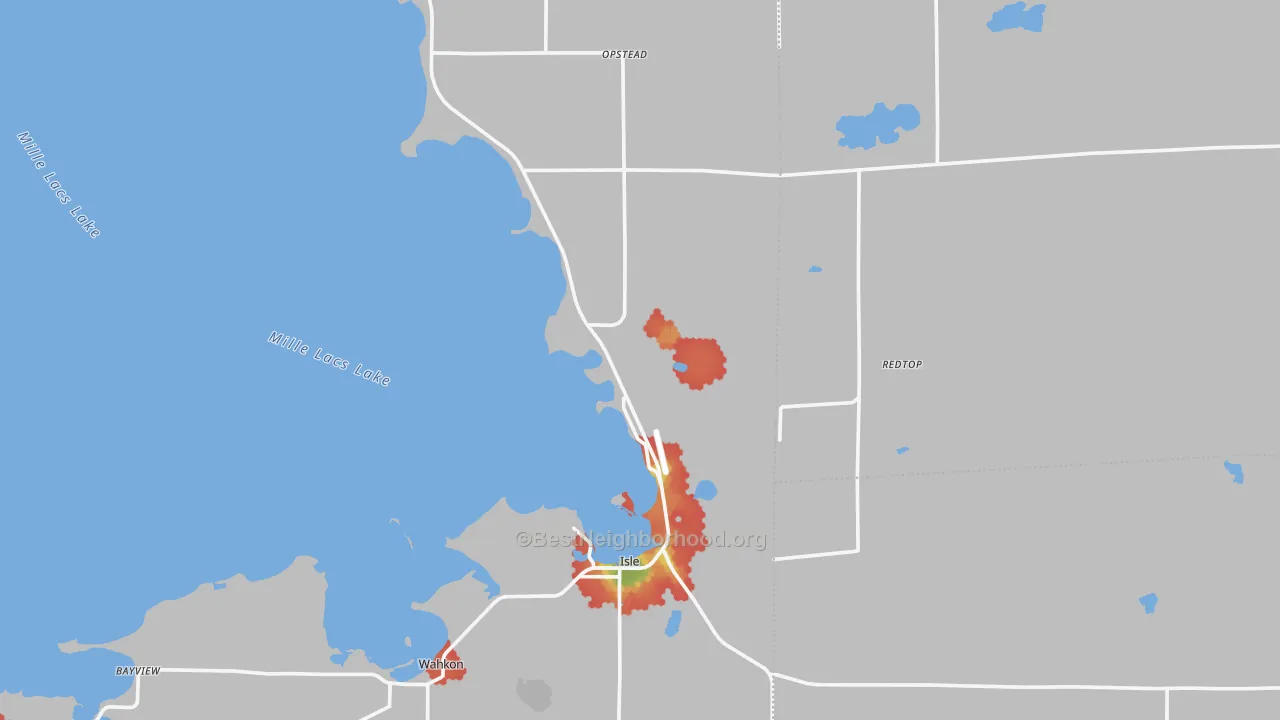Walk Grade map of Isle, MN, walkable areas in green and car-dependent areas in red