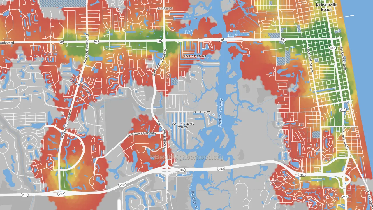 Walk Grade map of Isle of Palms, Jacksonville Beach, FL, walkable areas in green and car-dependent areas in red