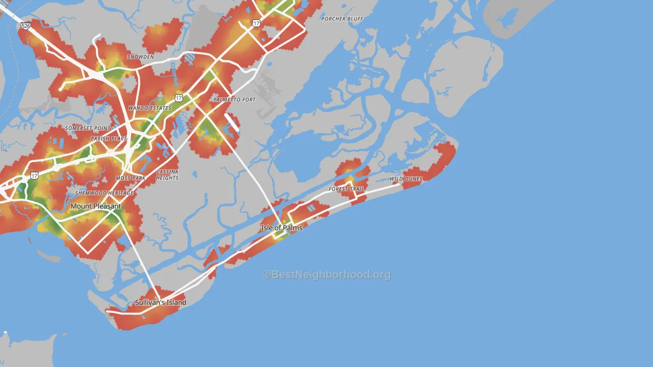 Walk Grade map of Isle Of Palms, SC, walkable areas in green and car-dependent areas in red