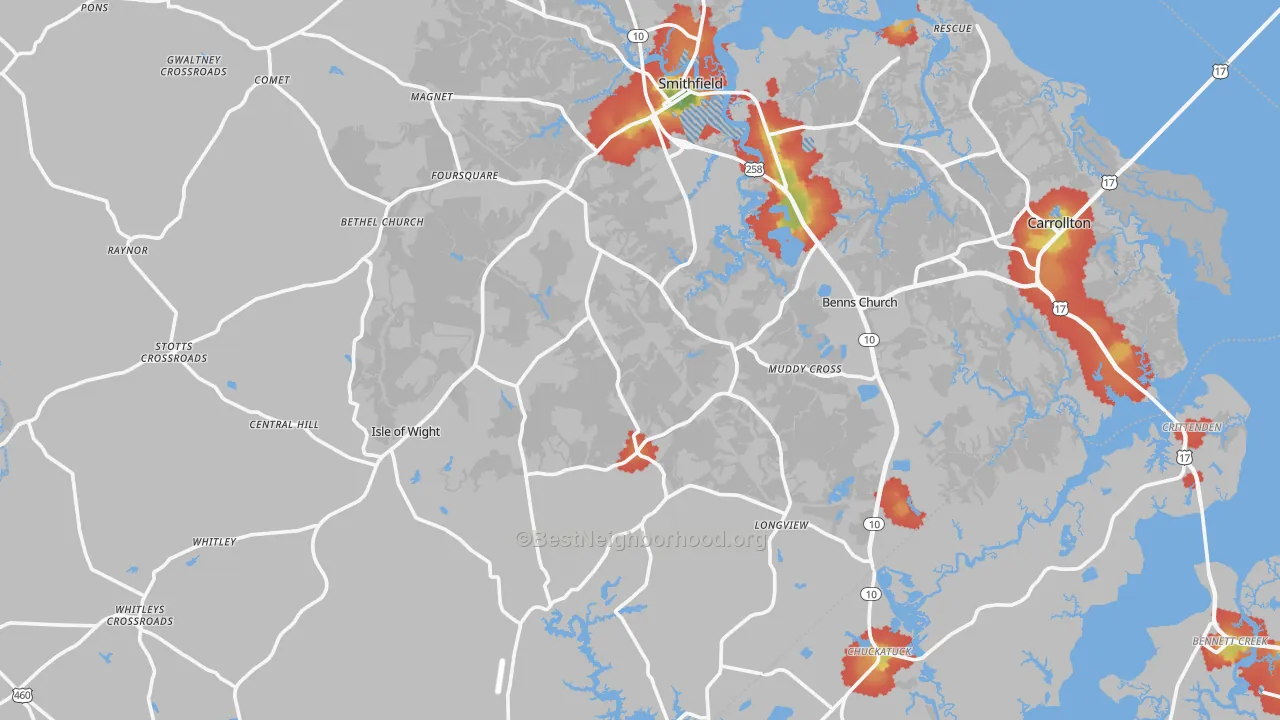 Walk Grade map of Isle of Wight County, VA, walkable areas in green and car-dependent areas in red