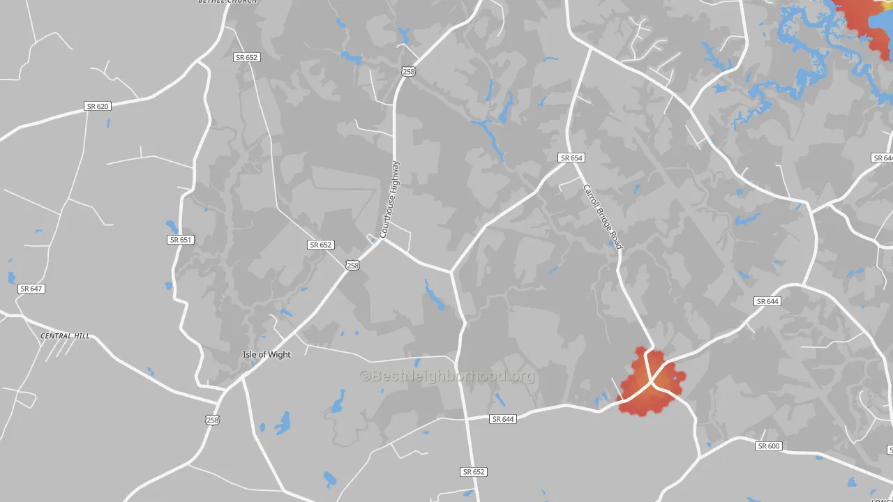 Walk Grade map of Isle of Wight, VA, walkable areas in green and car-dependent areas in red