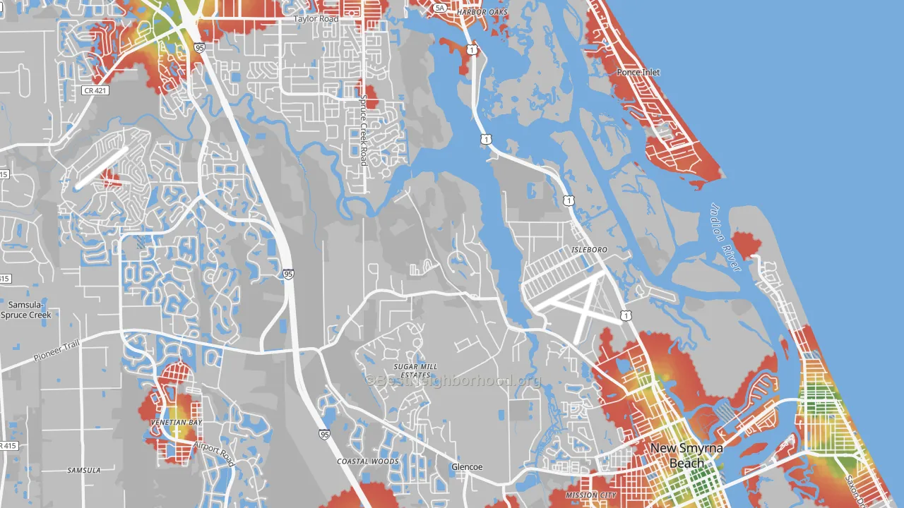 Walk Grade map of Isleboro, FL, walkable areas in green and car-dependent areas in red