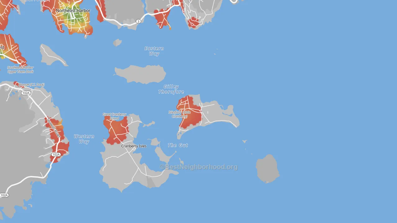 Walk Grade map of Islesford, ME, walkable areas in green and car-dependent areas in red