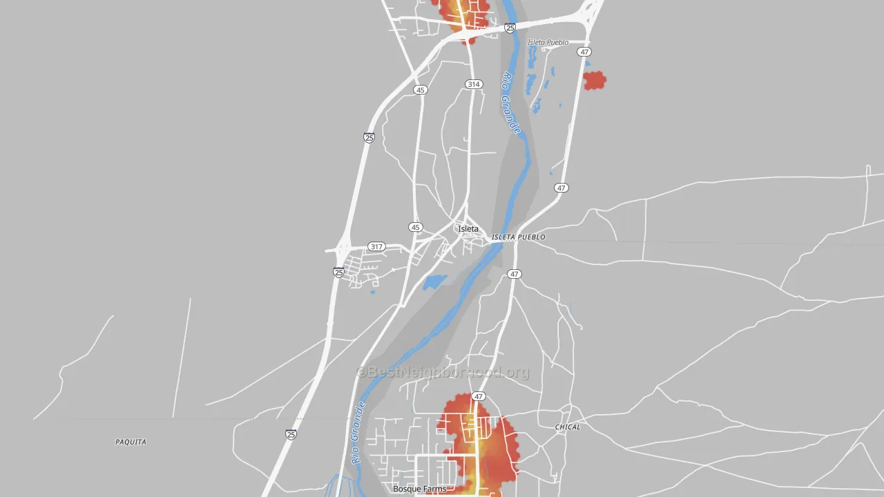 Walk Grade map of Isleta, NM, walkable areas in green and car-dependent areas in red
