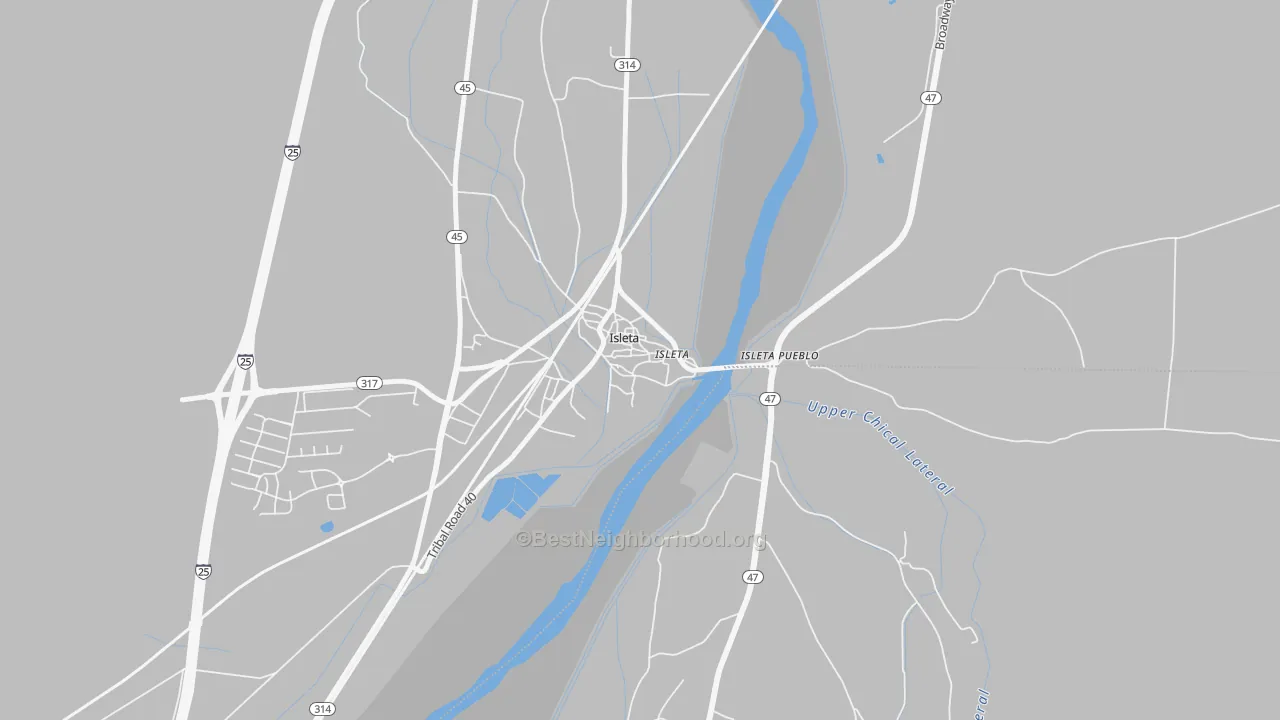 Walk Grade map of Isleta Village Proper, NM, walkable areas in green and car-dependent areas in red