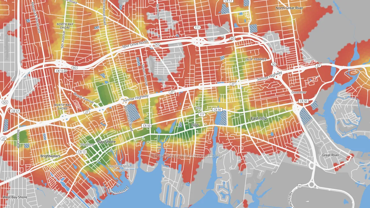 Walk Grade map of Islip, NY, walkable areas in green and car-dependent areas in red