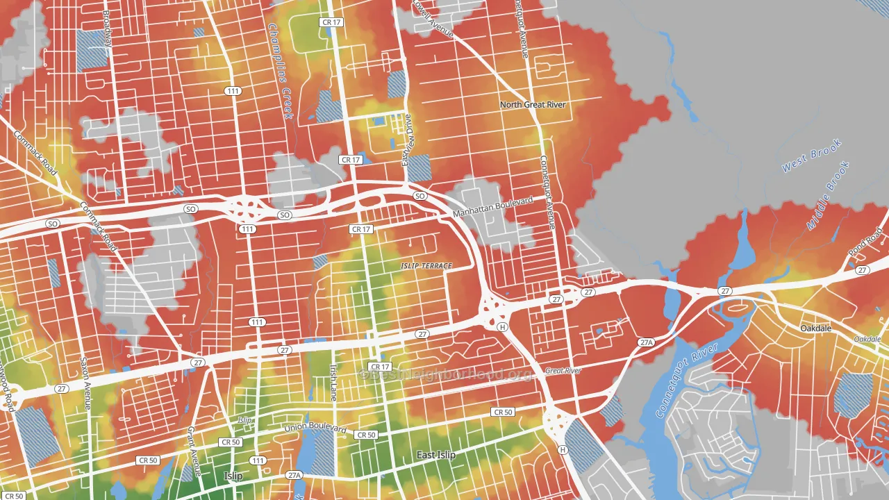Walk Grade map of Islip Terrace, NY, walkable areas in green and car-dependent areas in red