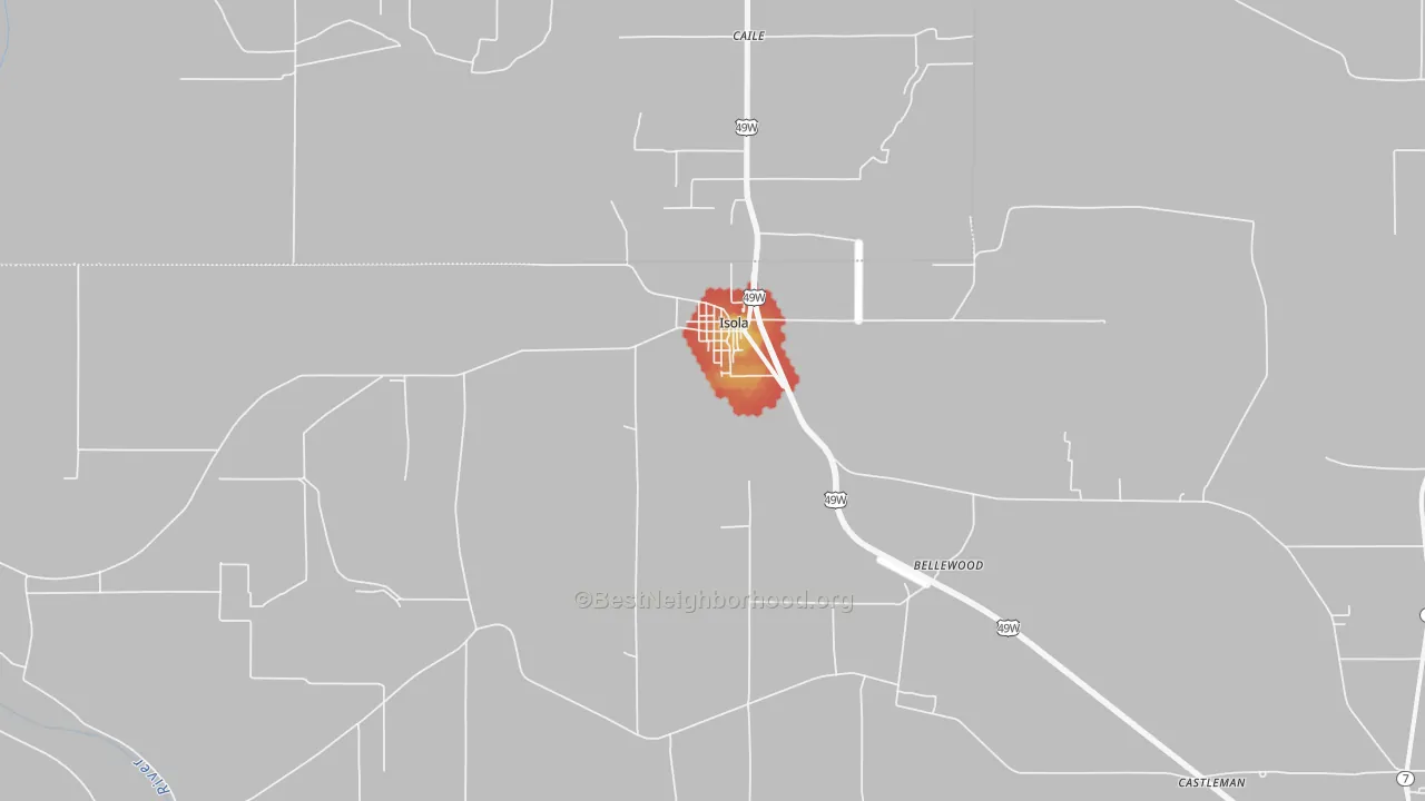 Walk Grade map of Isola, MS, walkable areas in green and car-dependent areas in red