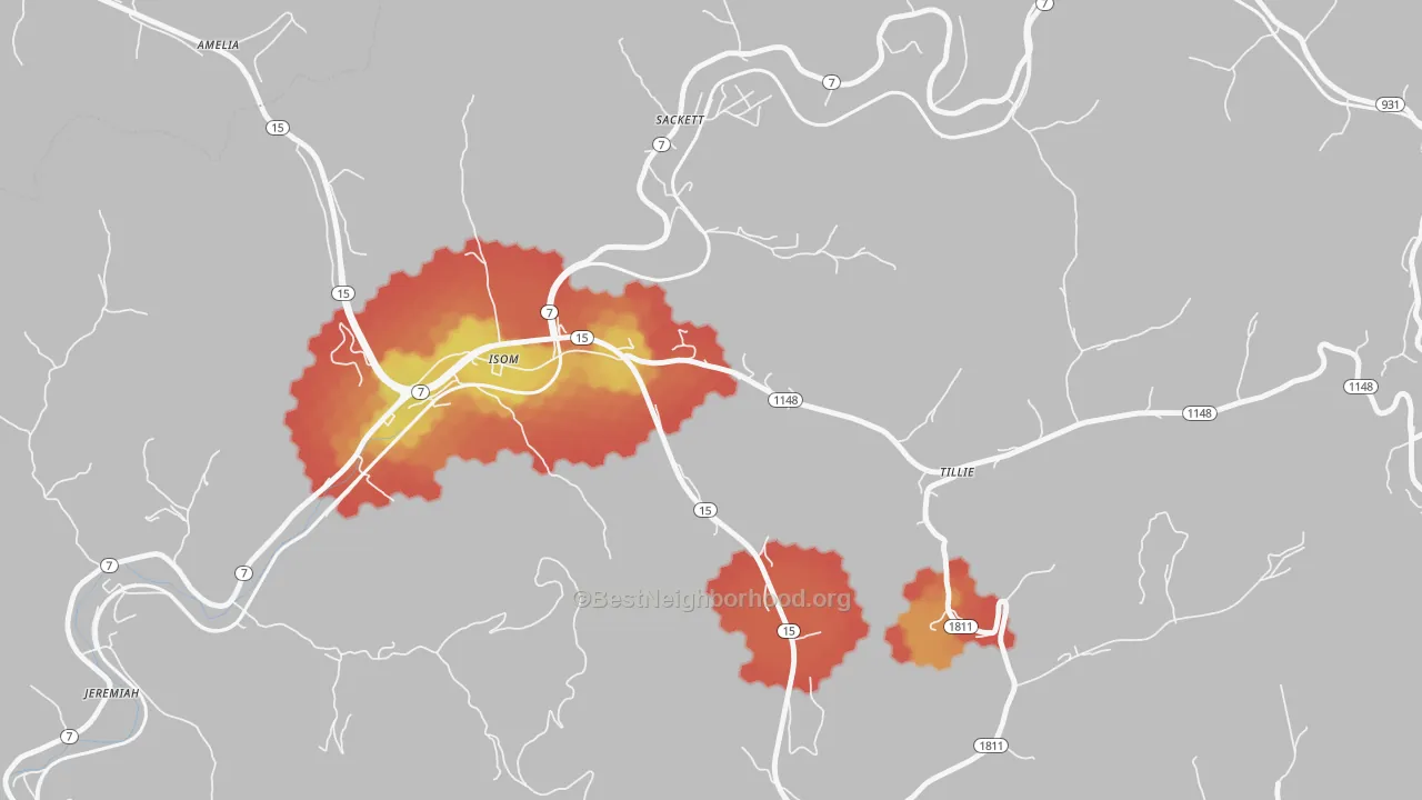 Walk Grade map of Isom, KY, walkable areas in green and car-dependent areas in red