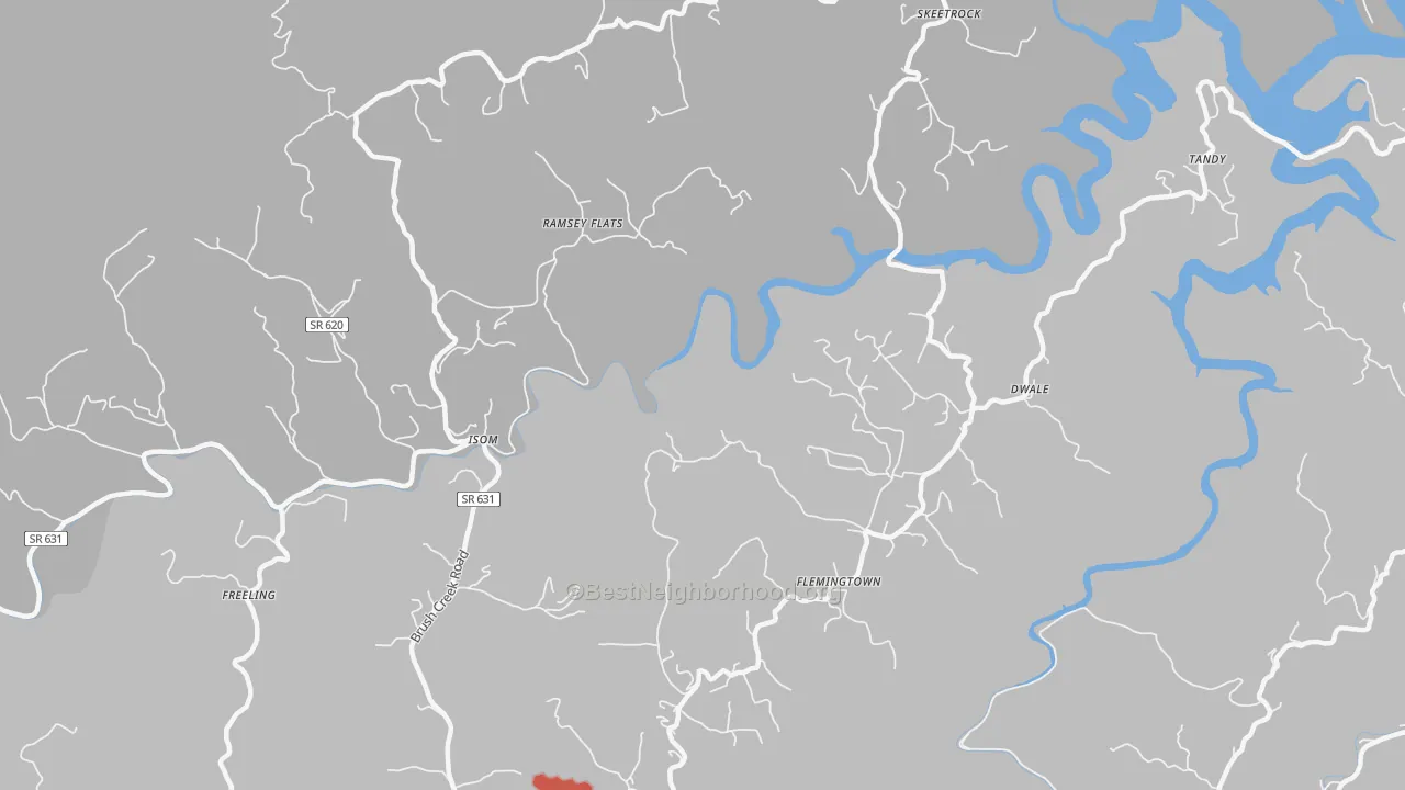 Walk Grade map of Isom, VA, walkable areas in green and car-dependent areas in red