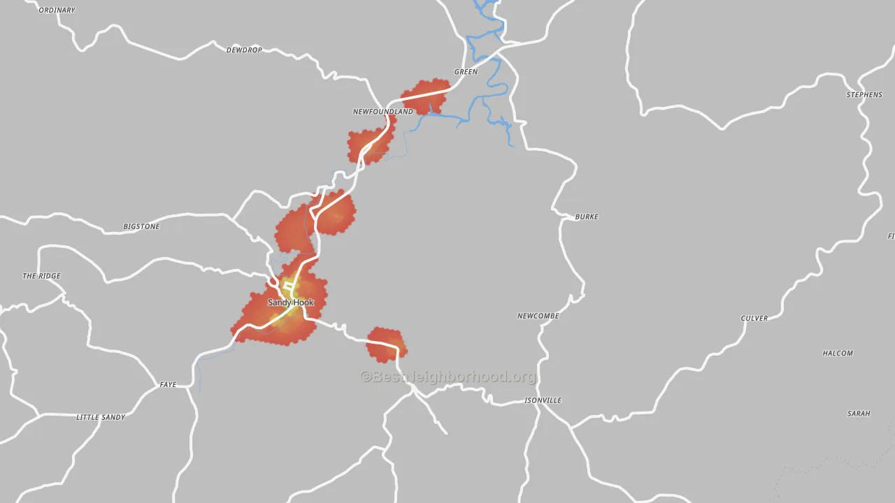 Walk Grade map of Isonville, KY, walkable areas in green and car-dependent areas in red