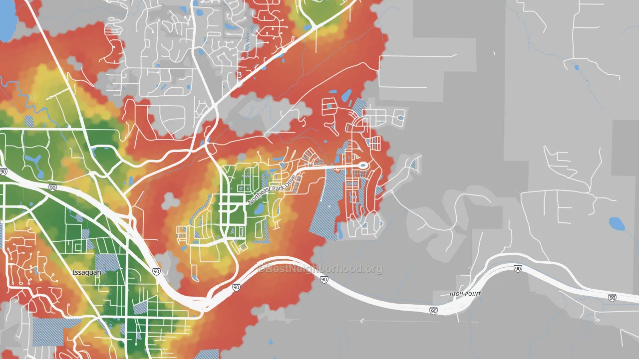Walk Grade map of Issaquah Highlands, Issaquah, WA, walkable areas in green and car-dependent areas in red
