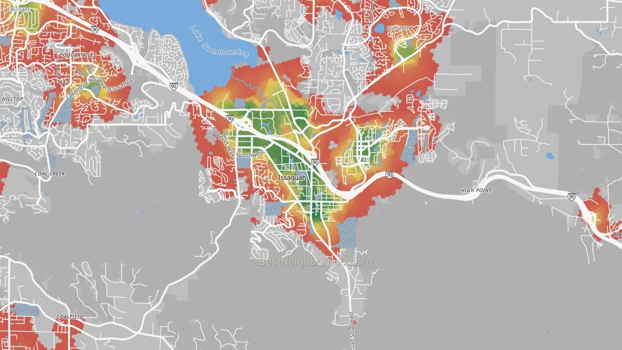 Walk Grade map of Issaquah, WA, walkable areas in green and car-dependent areas in red