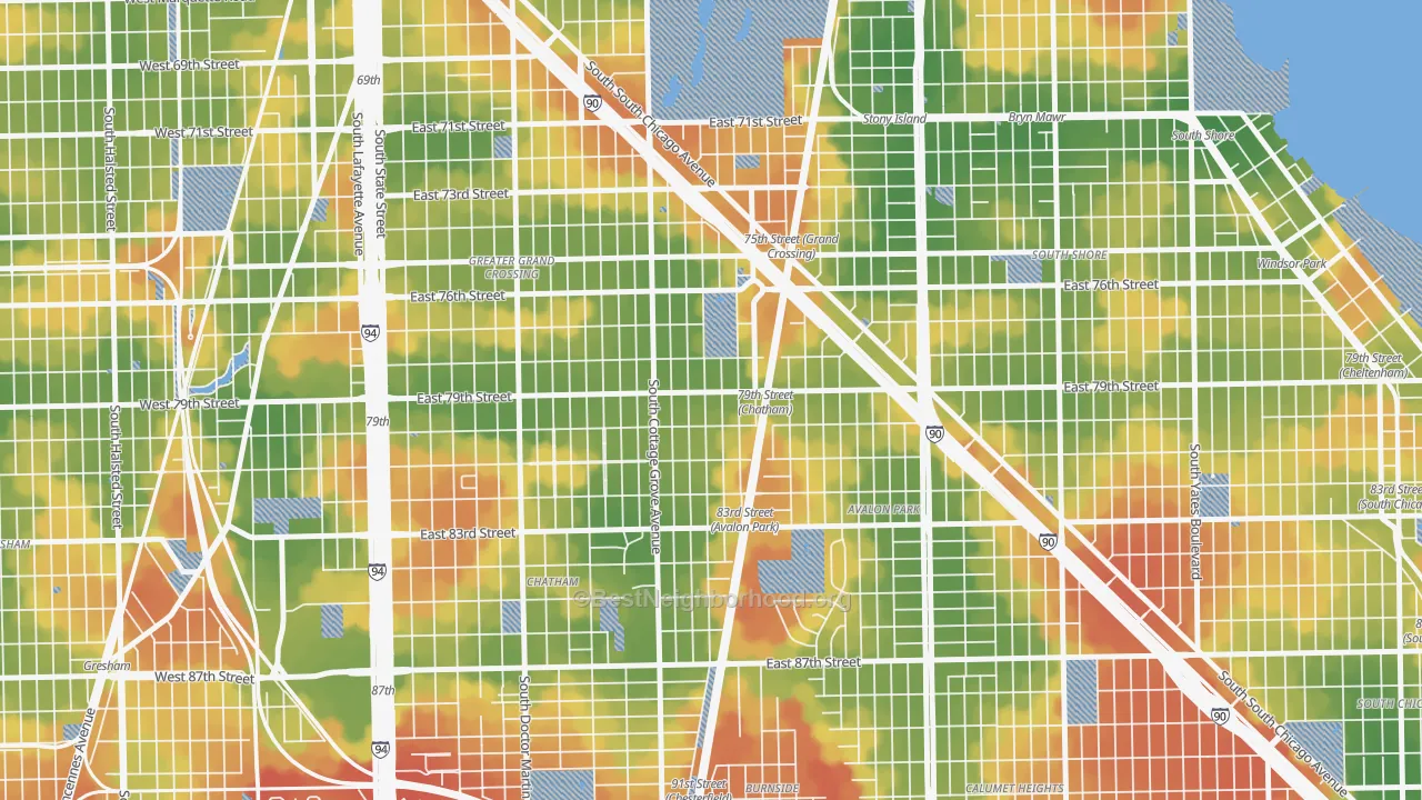 Walk Grade map of Italian Bowery, Chicago, IL, walkable areas in green and car-dependent areas in red