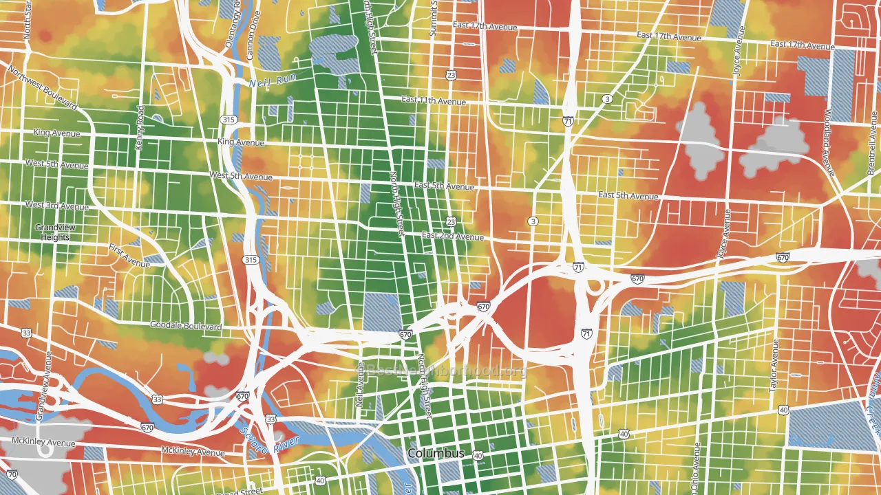 Walk Grade map of Italian Village, Columbus, OH, walkable areas in green and car-dependent areas in red
