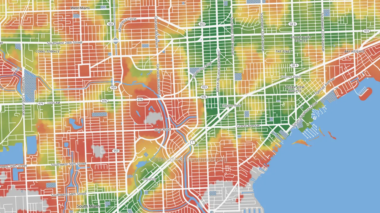 Walk Grade map of Italian Village, Coral Gables, FL, walkable areas in green and car-dependent areas in red