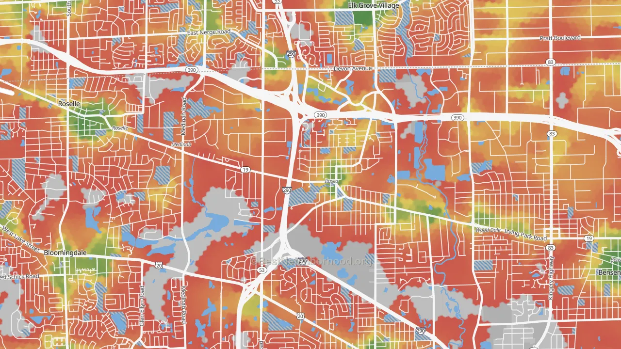 Walk Grade map of Itasca, IL, walkable areas in green and car-dependent areas in red