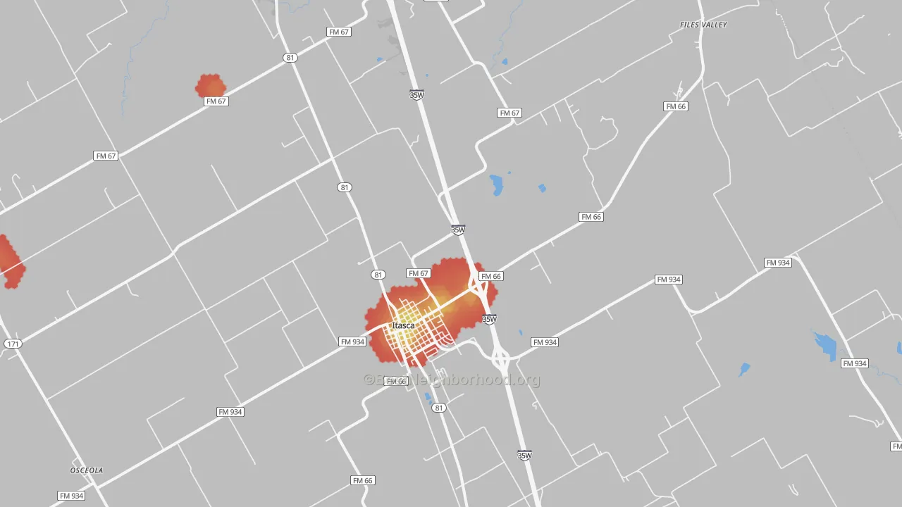 Walk Grade map of Itasca, TX, walkable areas in green and car-dependent areas in red