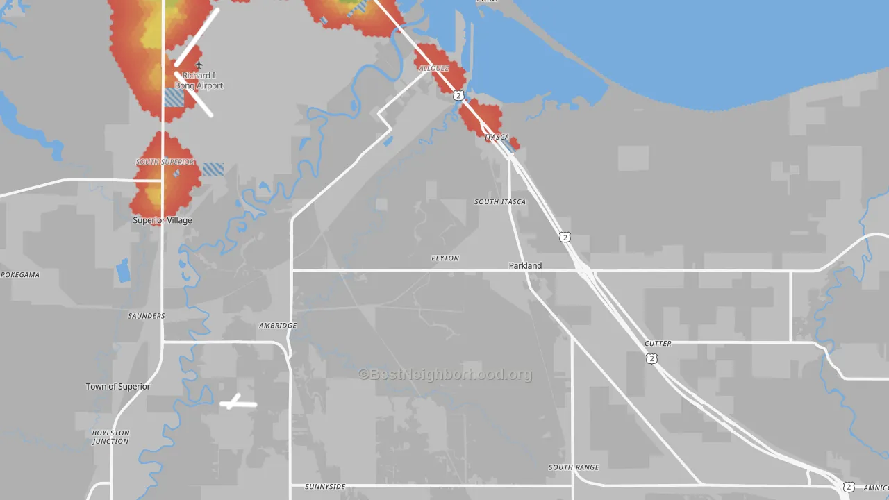 Walk Grade map of Itasca, WI, walkable areas in green and car-dependent areas in red
