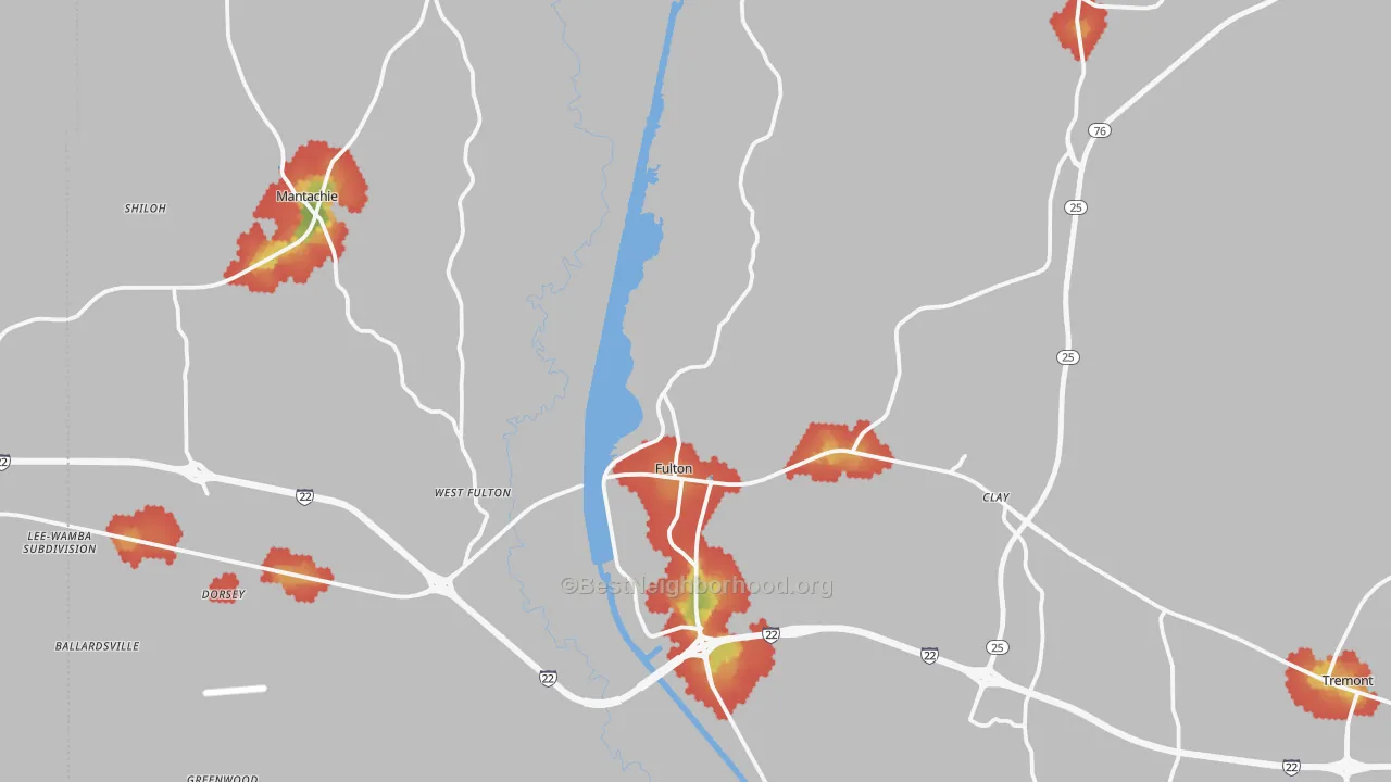 Walk Grade map of Itawamba County, MS, walkable areas in green and car-dependent areas in red