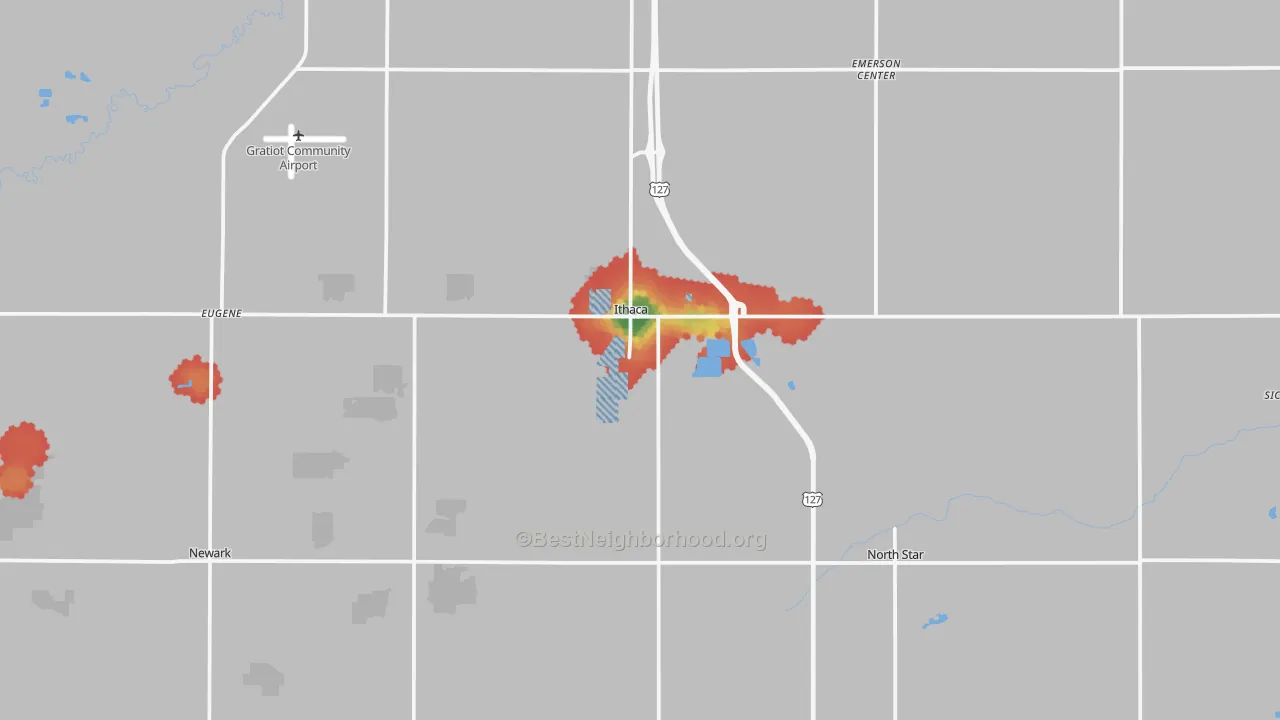 Walk Grade map of Ithaca, MI, walkable areas in green and car-dependent areas in red